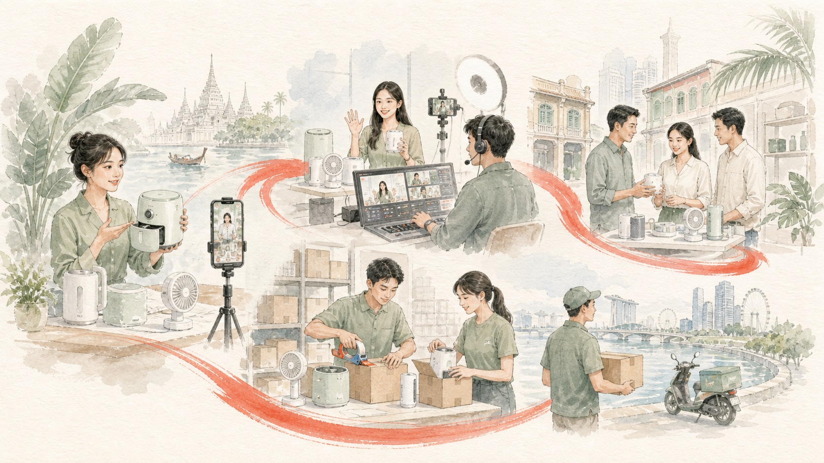 Watercolor illustration connecting content production, live commerce, store operations and local distribution