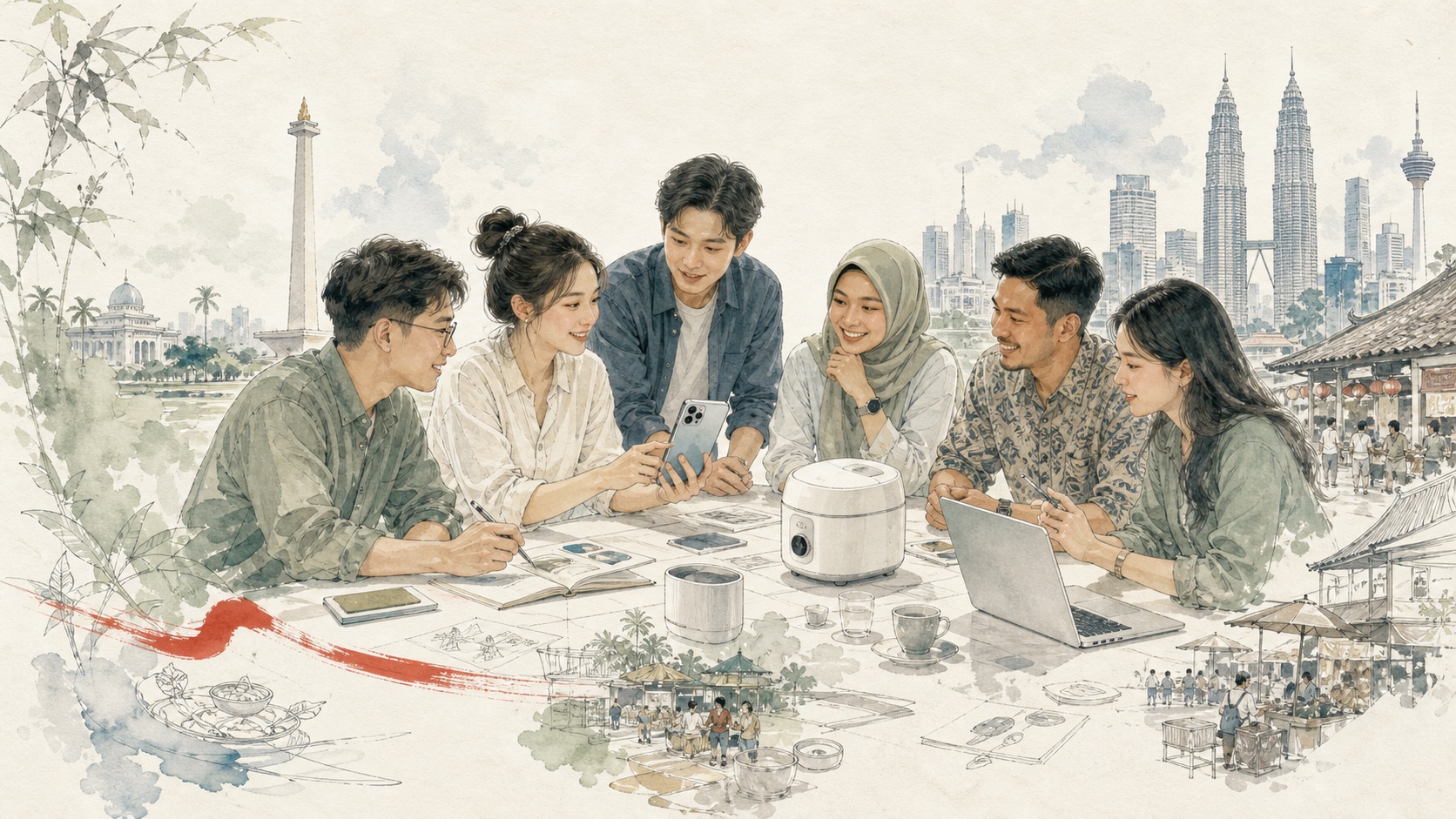 Watercolor illustration of a Chinese consumer technology brand working with a Southeast Asian local team
