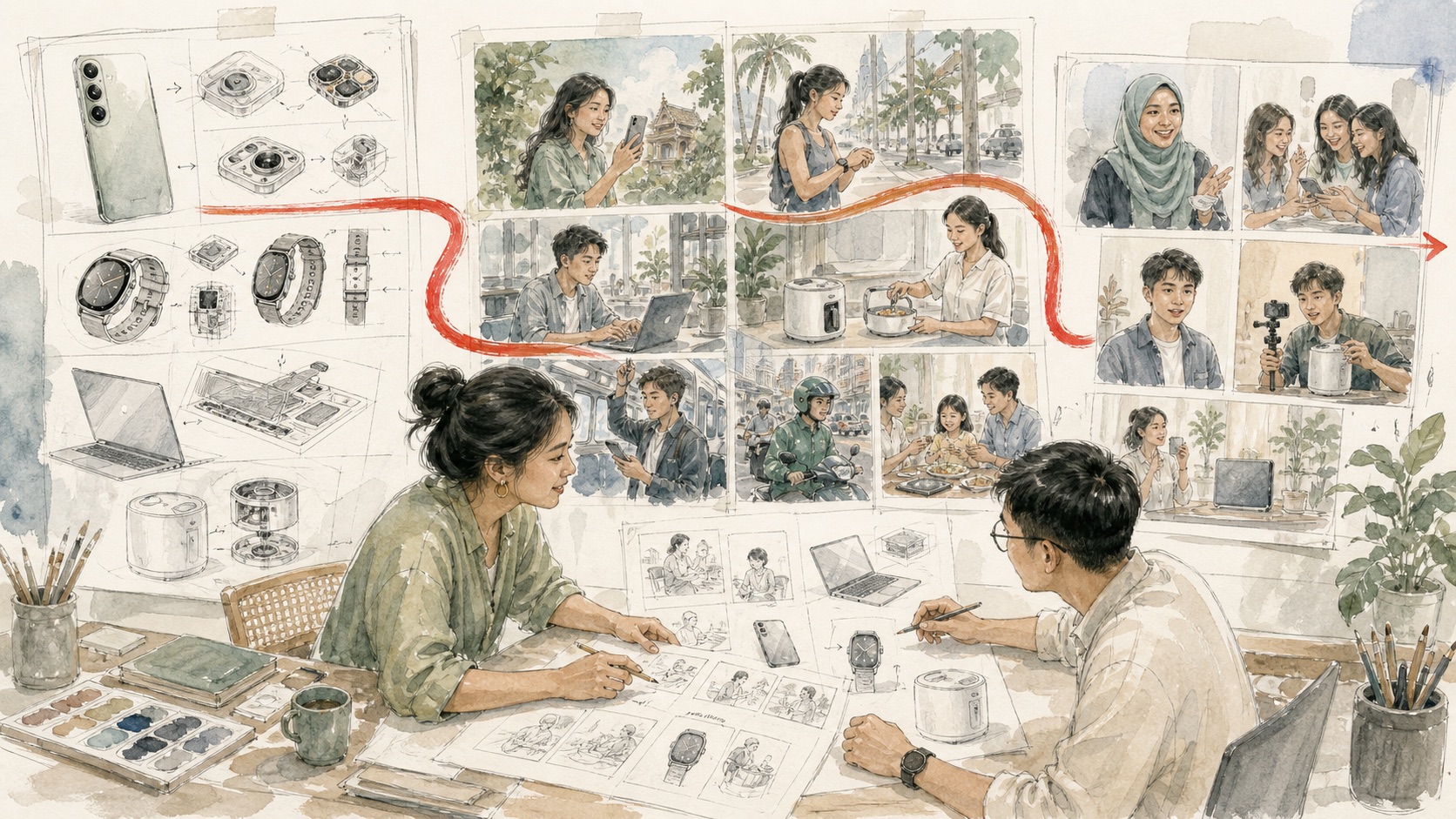 Watercolor illustration of technical features being translated into local use cases and content