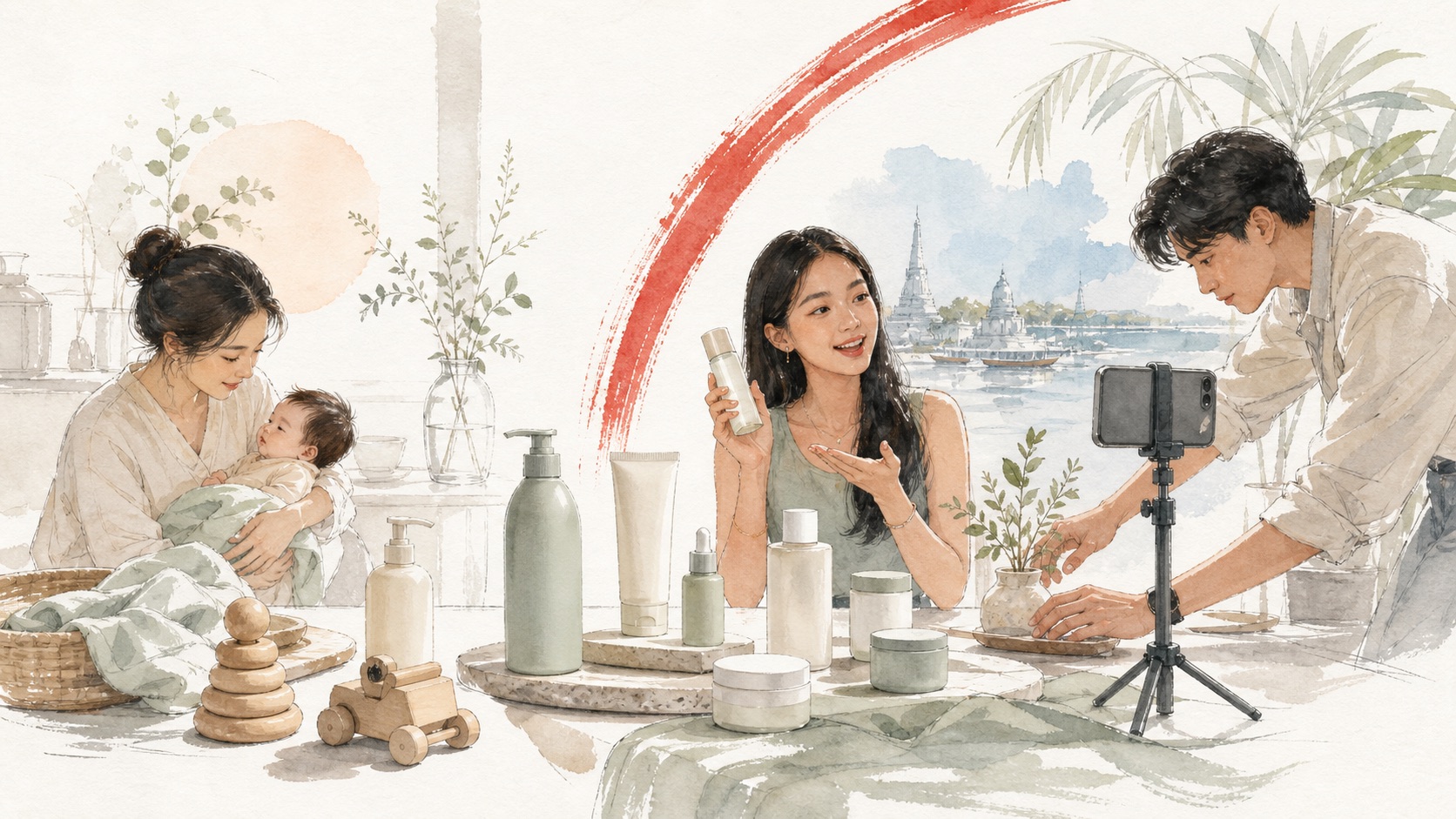 Watercolor illustration of a Southeast Asian local team planning beauty content and commerce