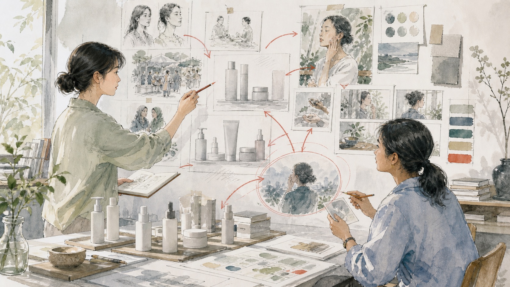Watercolor illustration of a local team shaping consumer insight and content direction