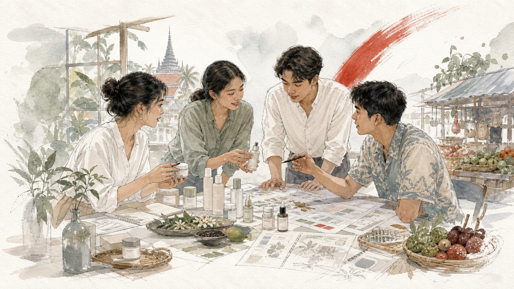 Watercolor illustration of Korean beauty localization in Southeast Asia