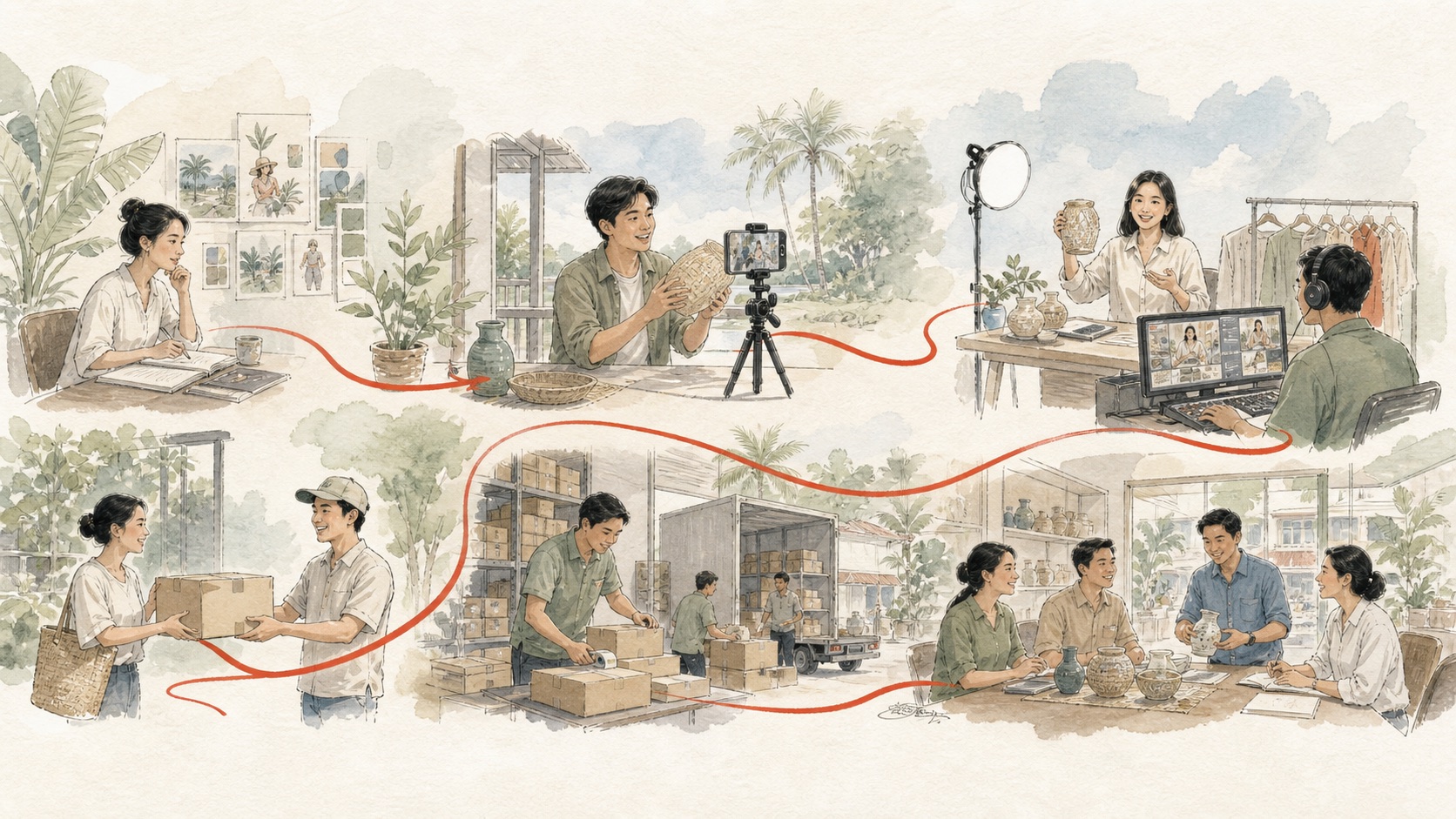 Watercolor illustration connecting localized content, live commerce, logistics and distribution channels
