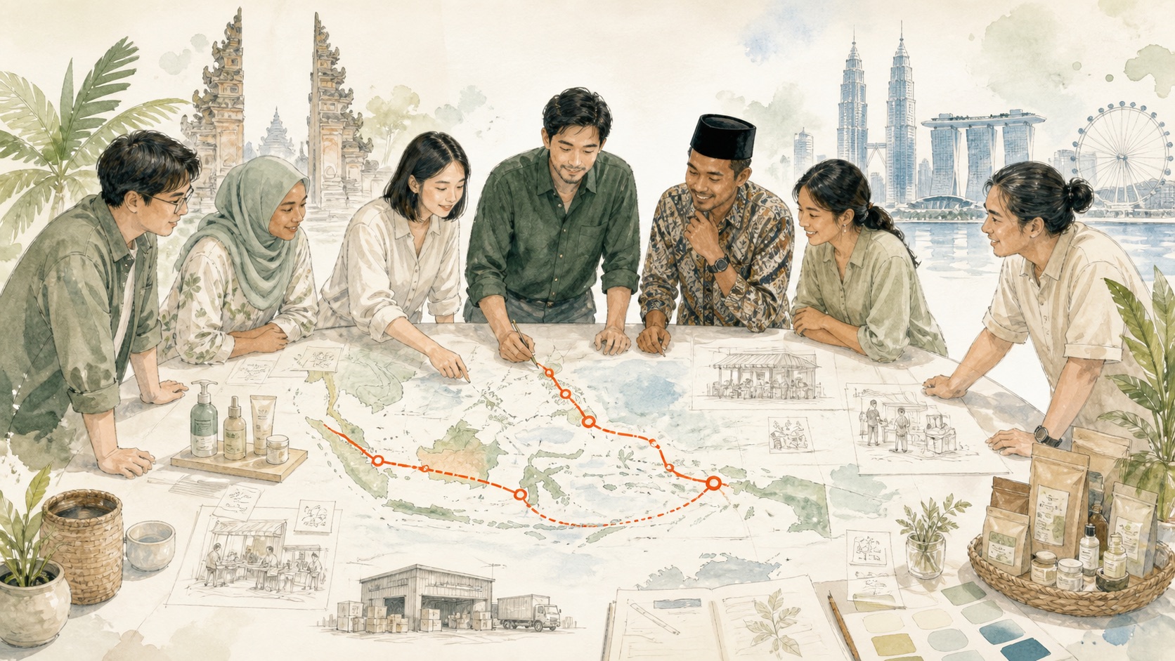Watercolor illustration of a brand and Southeast Asian local team designing a market-entry route