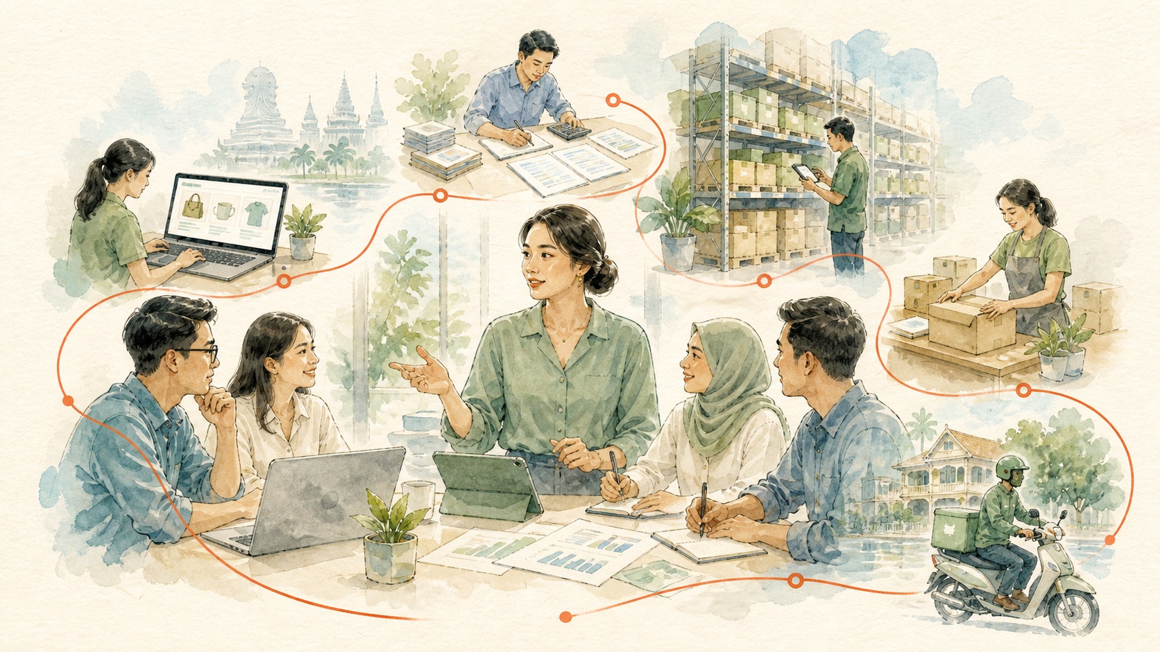 Watercolor illustration of a connected local operating system for setup, stores, warehousing and fulfillment